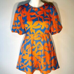 TCEC SZ S Orange & Blue Abstract Print Dress Flowy Maximalism Modern Bright Fun